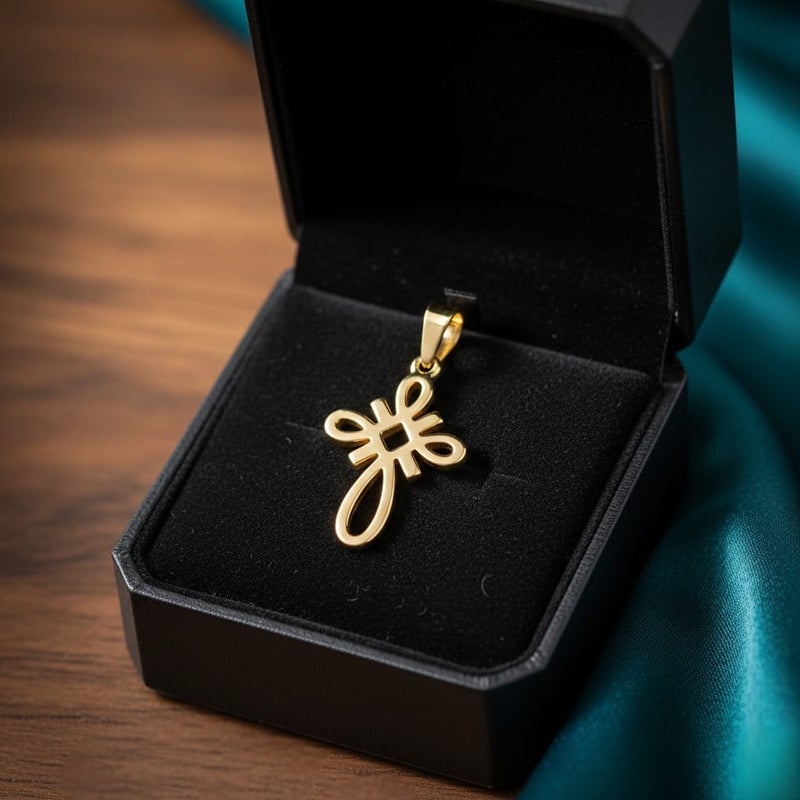 A small gold-tone cross pendant (chain not included), crafted from rust-resistant stainless steel, featuring a sleek, openwork knot design. A distinctive, modern, and spiritual piece. - Image 3